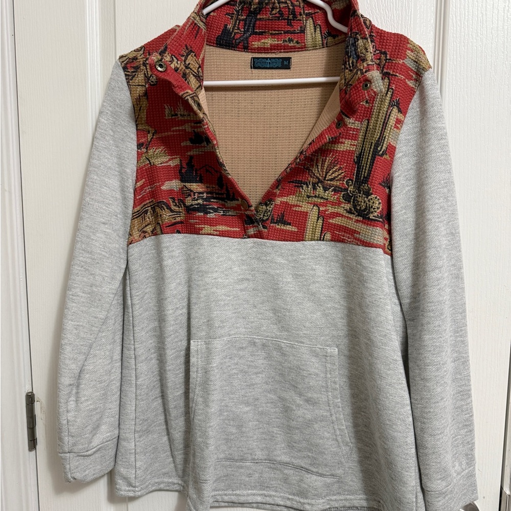 Red and Gray V-Neck Sweater with Southwestern Pattern